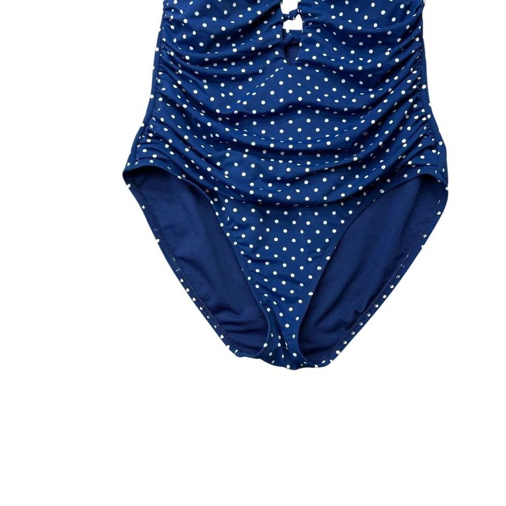 Lauren Ralph Lauren Womens Swimsuit 8 Blue Polka Dot One Piece Halter Ruched